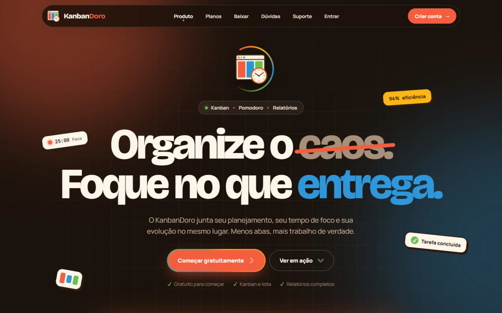 Tela do KanbanDoro, com o planejamento, o tempo de foco e a evolução