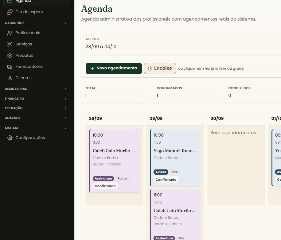 Agenda do HL Gestão com os horários de cada profissional